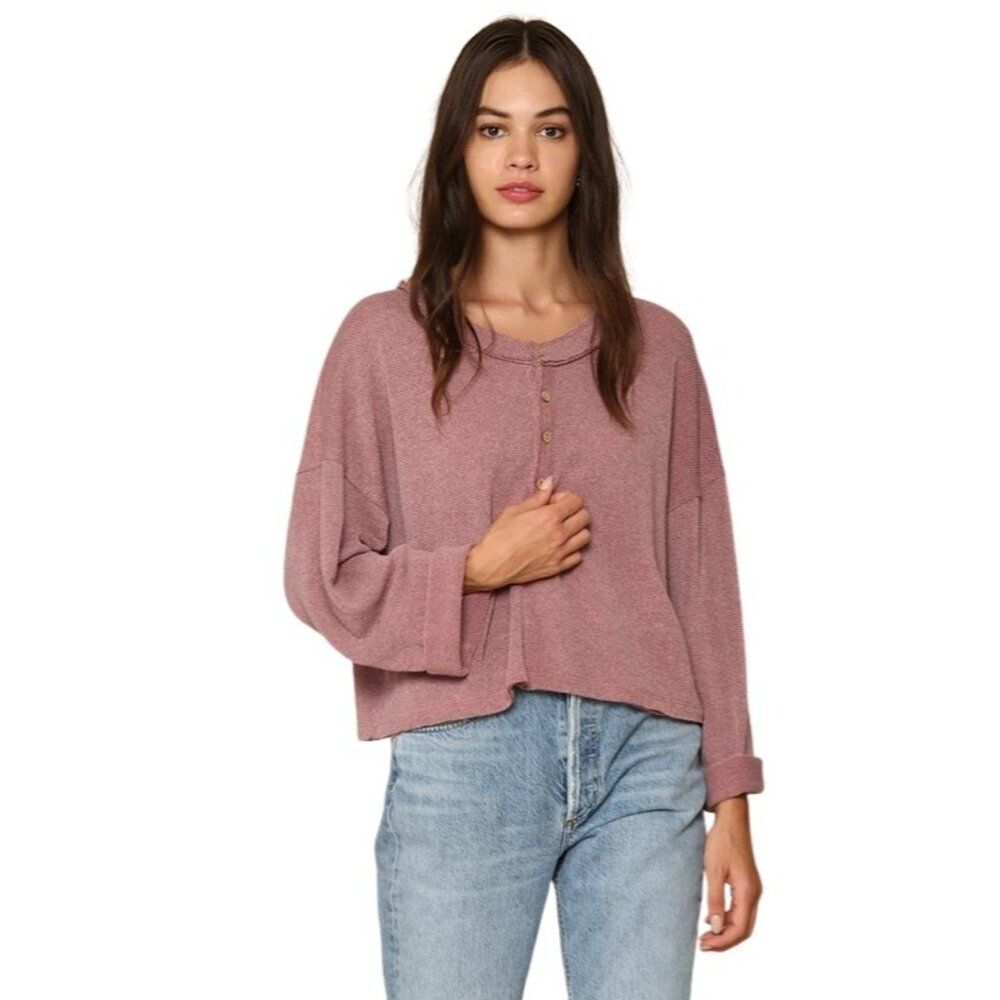 Anthropologie By Together Mauve Front Button‎ Knit Sweater Top W/Wide Sleeves Lg